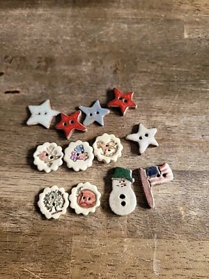 12 Ceramic Buttons Stars Snowman Flag Tree Apple Rocking Horse Flower School - Image 1 of 4