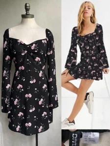 H&M Divided Mini Dress size 4 Floral Puff cuff sleeves casual party - Picture 1 of 12