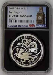2018 £2 Great Britain Two Dragons 1 OZ Pure Silver Coin - NGC PF 70 Ultra Cameo - Picture 1 of 2
