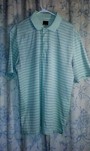 Greg Norman Med Green w/ Double Blue Stripe Stay Dry Short Sleeve L Golf Shirt - Picture 1 of 4