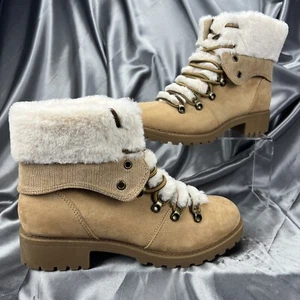 Pop Women's Boots Sz 9.5 Kraft Faux Fur Tan Kraft Hiking Block Heel Lace Up Soft - Picture 1 of 13
