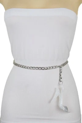 Cinturón Mujer Plata Metal Cadena Vacaciones Año Nuevo Navidad Brillo Zapato Hebilla M L XL Foto 1 de 4