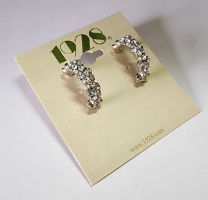 1928 Silver Tone Crystal Hoop Earrings Vintage Inspired Rhinestone Half Hoops - Picture 1 of 4