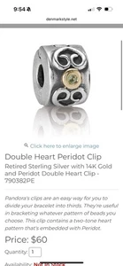 Pandora RARE Double Heart Peridot and Sterling Silver Clip 790382PE - Picture 1 of 6
