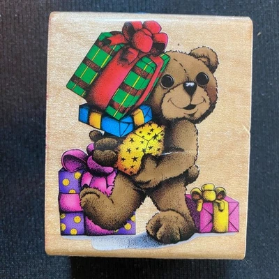 Oso de peluche entrega paquetes de regalo sello de goma 2x3 pulgadas 1997 limpio Foto 1 de 4