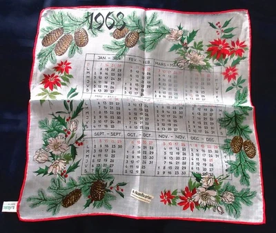 Etiqueta adhesiva vintage 1968 calendario pañuelo poinsettia cono de pino Skandia Suiza Foto 1 de 4