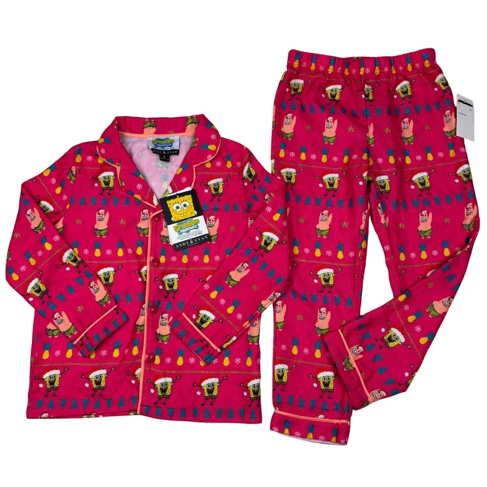 Conjunto de pijama infantil Andy & Evan Bob Esponja calça quadrada tamanho 5 rosa Natal aconchegante - Imagem 1 de 4