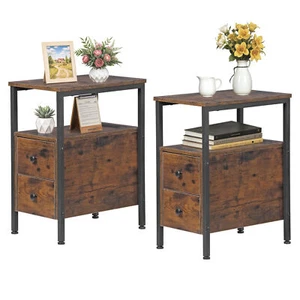 Set of 2 End Table with Charging Station Narrow Side Table w/2 Wood Drawer Brown - Picture 1 of 23