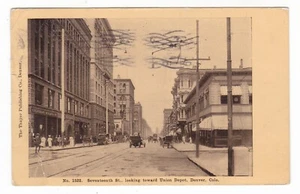 1909 DENVER COLORADO 17th STREET DOWNTOWN OLD CARS VINTAGE POSTCARD CO AMES IOWA - Picture 1 of 2