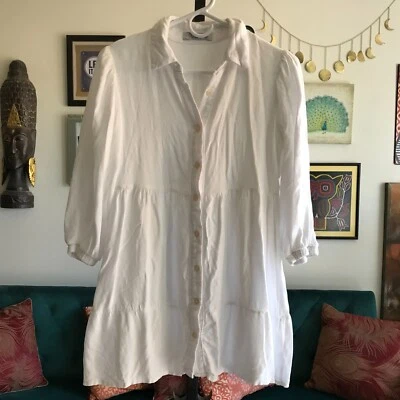 CLOCKHOUSE size PP White Button Front Tiered Cottagecore 3/4 Sleeve Boho Top - Image 1 of 4