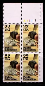 US USA Sc# 2159 MNH FVF PLATE # BLOCK Public Education Quill Pen Inkwell Apple - Picture 1 of 1