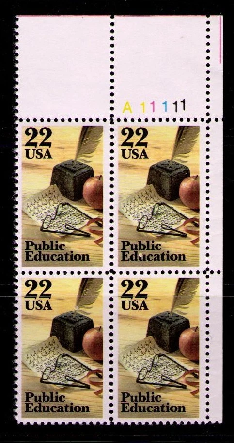 US USA Sc# 2159 MNH FVF PLATE # BLOCK Public Education Quill Pen Inkwell Apple   - Image 1 of 1