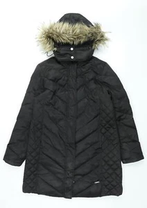 Kenneth Cole Reaction Womens Black Puffer Jacket Coat Size L Zip - Faux Fur Hood - Picture 1 of 10