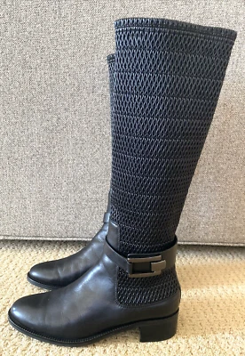 AQUATALIA Black Leather Stretch Woven Riding Equestrian Boots Sz 7.5 Italy $595 - Image 1 of 4