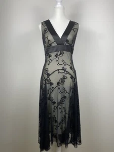 Mei Mei Formal Dress Size 10 Black Sheer Lace Overlay V Neck Midi & Mermaid Back - Picture 1 of 15