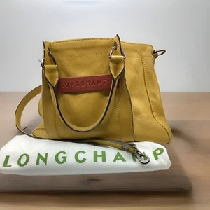 LONGCHAMP~3D Brick Red LOGO~ MUSTARD~Leather Soft~Calf Skin 2 Way Cross~EUC - Picture 1 of 14