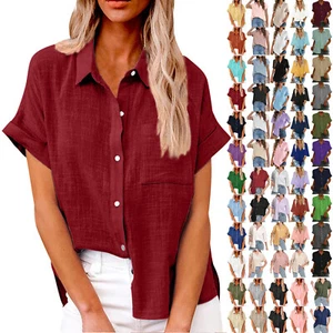 Women's Bamboo Linen Cotton Shirt Short Sleeve Casual Lapel Button Shirt Tops - Picture 1 of 63