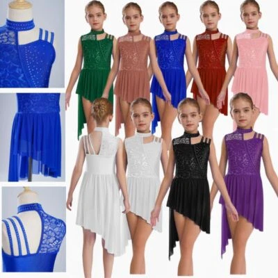 Kids Girls Dancewear Asymmetrical Shoulder Dress Ballroom Leotard Gymnastics - Image 1 of 4