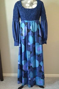 60's/70's Maxi formal gown Navy blue shirred top empire MED 36" bust 30" waist - Picture 1 of 8