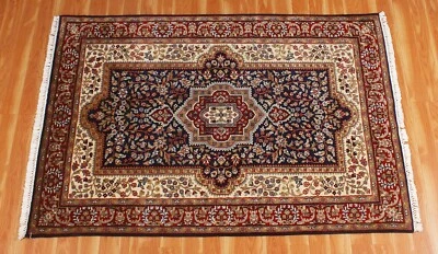 Alfombra tribal parisina anudada a mano Oushak alfombras de lana azul para sala de estar 4x6 pies Foto 1 de 4