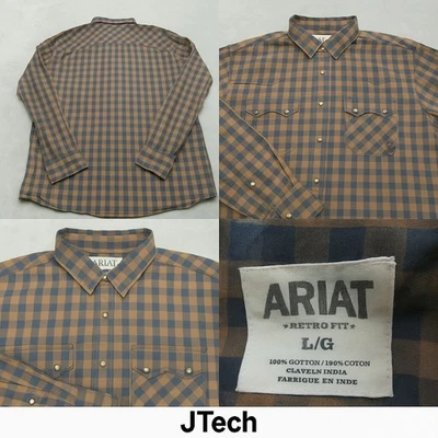 Camisa Ariat Hombre Grande Marrón Retro Calce Perla Azul A Presión Algodón a Cuadros Abotonada Foto 1 de 4