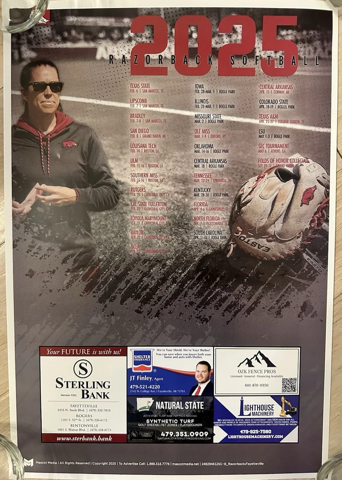 Arkansas Razorbacks SEC Women’s Softball 2025 Schedule Poster Courtney Deifel - Image 1 of 1