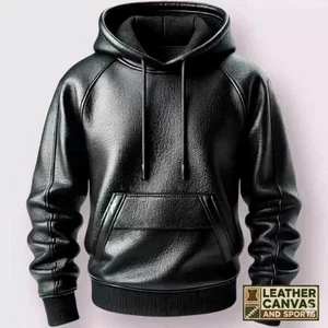 Men's Black Premium Leather Hoodie Handmade Genuine Lambskin Leather Jacket - Picture 1 of 6