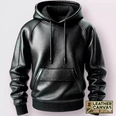 Men's Black Premium Leather Hoodie Handmade Genuine Lambskin Leather Jacket - Image 1 of 4