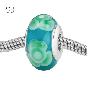 Sterling Silver 925 Blue & Green Flower Murano Glass Charm Bead for Bracelets - Picture 1 of 2