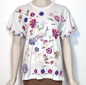 Johnny Was Embroidered Tee Shirt Side Slit Dolman Top White Colorful Design sz S - Picture 1 of 19