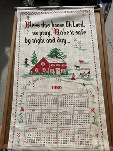 Vintage 1960 Tea Cloth Calendar Linen Wall Hanging Bless This House Oh Lord... - Picture 1 of 13