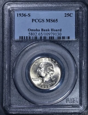1936-S 25C WASHINGTON QUARTER SILVER Omaha Bank Hoard KM# 164 PCGS MS 65  A5770 - Image 1 of 2