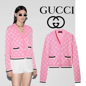 GUCCI Pink/Ivory GG Intarsia Knit Cotton Cardigan Sweater Size XS - Picture 1 of 17