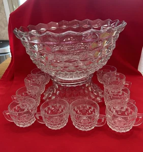 VITG FOSTORIA AMERICAN CLEAR GLASS CUBIST 14" PUNCH BOWL WITH BASE AND 10 CUPS - Picture 1 of 4