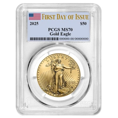 2025 $50 American Gold Eagle 1 oz PCGS MS70 FDOI Flag Label - Image 1 of 3