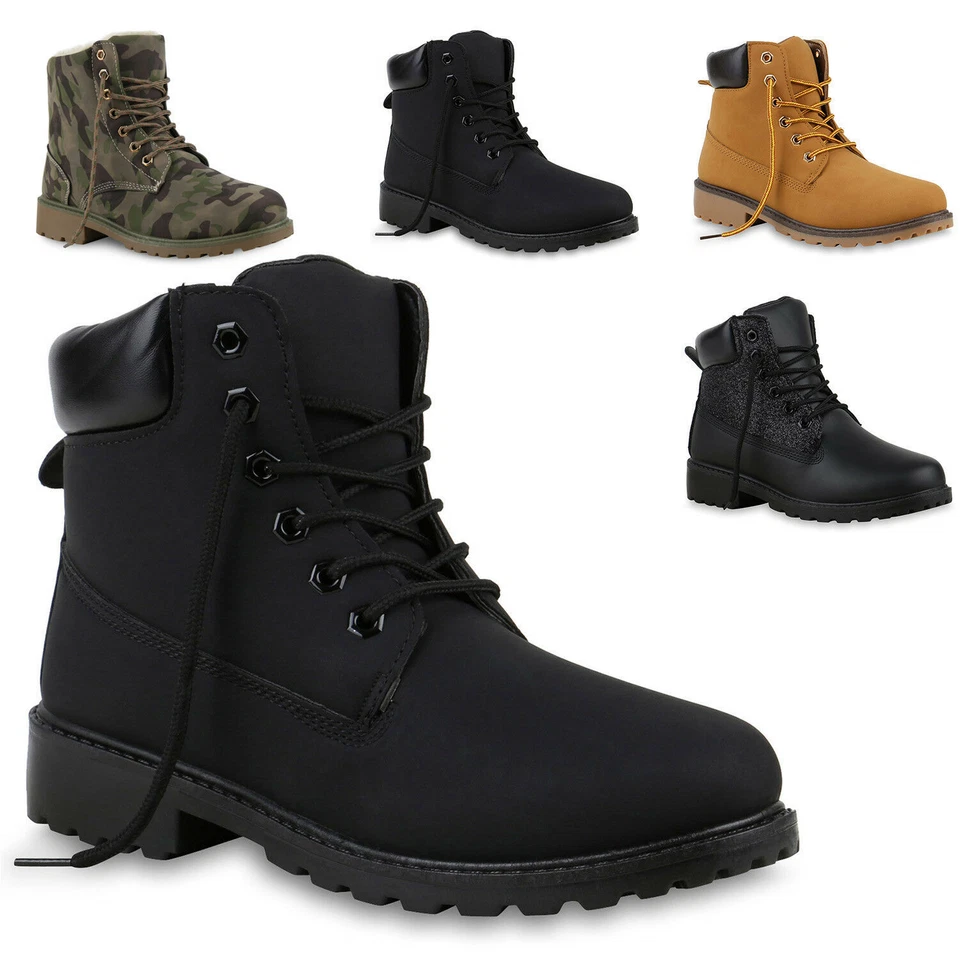 MARKENLOS Damen Worker Boots Stiefeletten Outdoor Warm Gefüttert Schuhe 812104 Trendy Neu