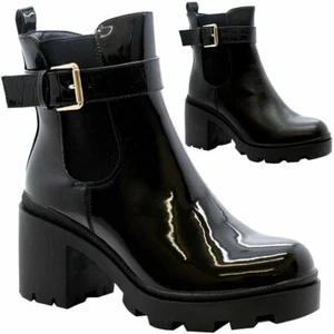 Chelsea Damen High Top Stiefeletten Blockabsatz klobige Plateauschuhe Größe - Bild 1 von 2