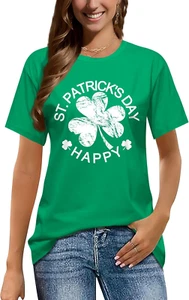 St Patrick'S Day Shirts for Women:Lucky Irish Shamrock Crew Neck Short-Sleeve Gr - Picture 1 of 12