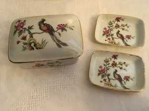 Vintage LIMOGES Cigarette/Trinket Box 2 Trinket Dishes/Ashtrays w/Peacock As Is - Picture 1 of 8