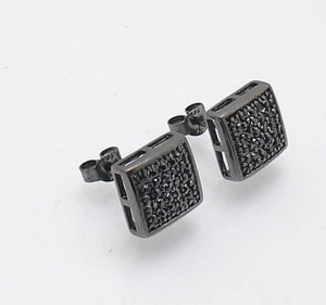 10mm Men's Square Black CZ Pave Stud Square Earrings Push Back Real 925 Silver - Picture 1 of 4