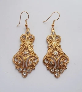Brandneu Vintage 1980er viktorianischer Stil Gold Metall & Kristall Draht Ohrringe Bridgerton - Bild 1 von 4