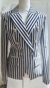 Blue/White Striped Slimming Double Breast Blazer Jacket XL Padded Office Siren - Picture 1 of 15