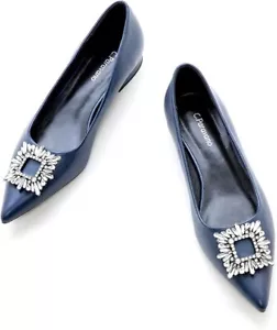 C.Paravano Pointed Toe Flats Women's EU 40 US 9.5 Navy Crystal Buckle - Picture 1 of 9