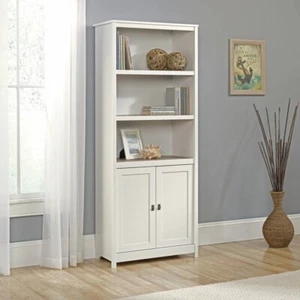 White Wooden 5 Shelf Bookcase w/ Doors Library Bookshelf Hidden Storage Display - Picture 1 of 5