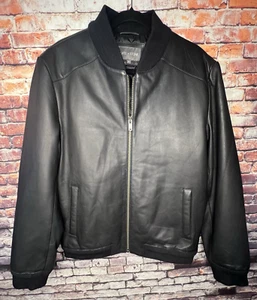 Lamb Genuine Leather Bomber Jacket Size Medium Slate and Stone Soft Black Lined - Picture 1 of 7