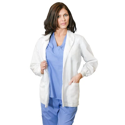 Medgear Women's White Lab Coat 27", Shawl Collar, Knit Cuff Sleeves 311 - Image 1 of 3