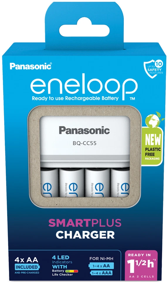 Panasonic Smart Plus Charger Schnellladegerät BQ-CC55 mit 4x ENELOOP AA BK-3MCDE - Bild 1 von 1