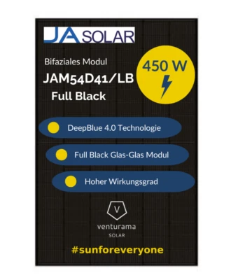 JA SOLAR Solarmodul Solarpanel 450W Bifazial Glas-Glas JAM54D41 LB Full Black Modul