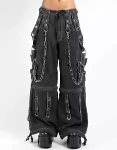 Unisex Goth Cargo Hose mit Ketten & Träger Denim Punk Emo weites Bein grau Hose - Bild 1 von 7