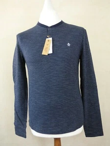 BNWT Mens Penguin Navy Striped Casual Long Sleeved Top Logo Small Tight Fit - Picture 1 of 6